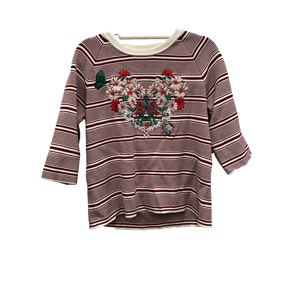 Maje Womens Marco Sweater Floral Embroidered Heart Striped Crewneck Red Size‎ 2